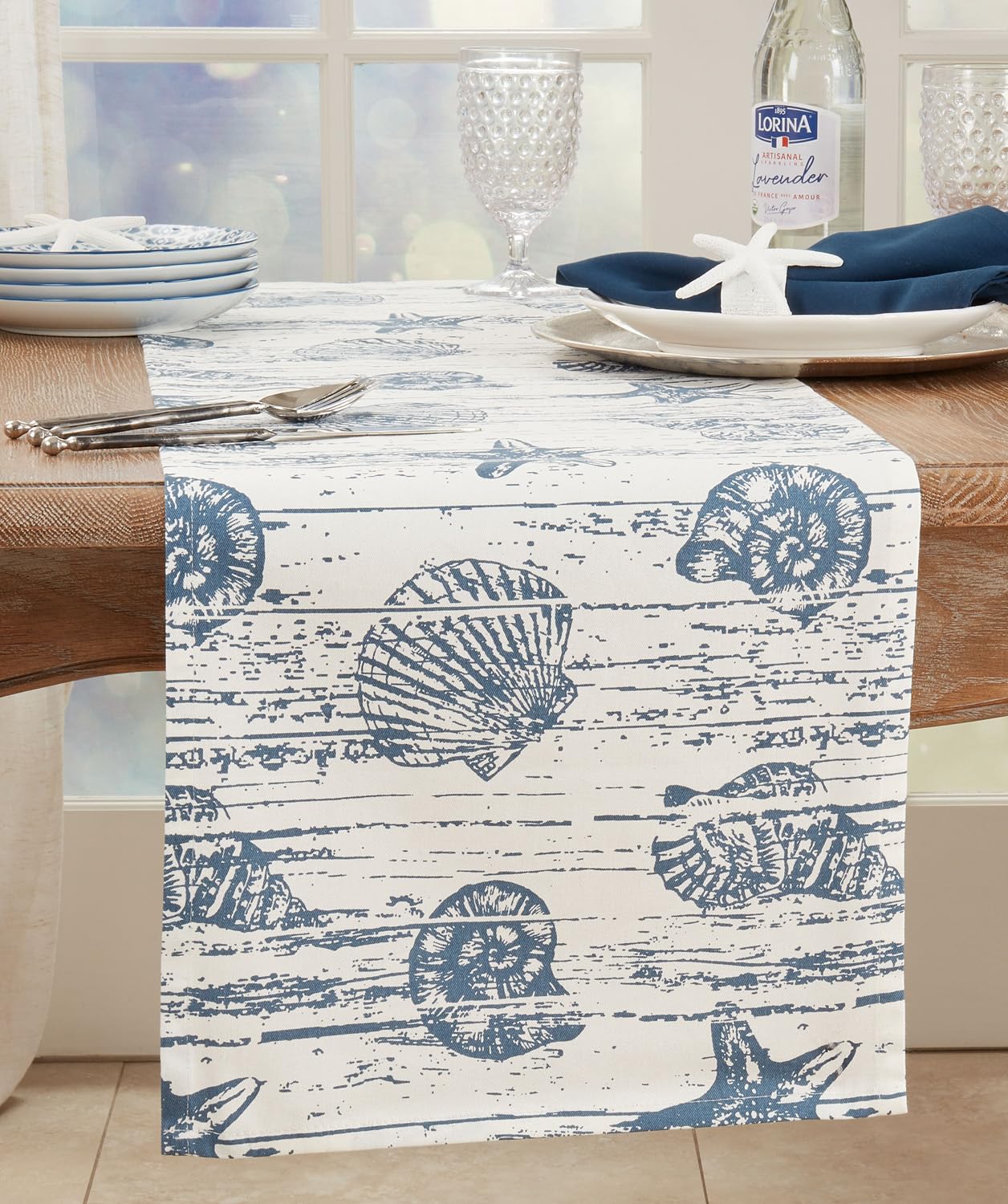 Fennco Styles Nautical Seashell Design Cotton Table Runner 14" W X 54" L – Indigo Coastal Prints Table Cover for Dining Room Decor, Everyday Use, Summer Gathering, Banquets, and Special Occasions