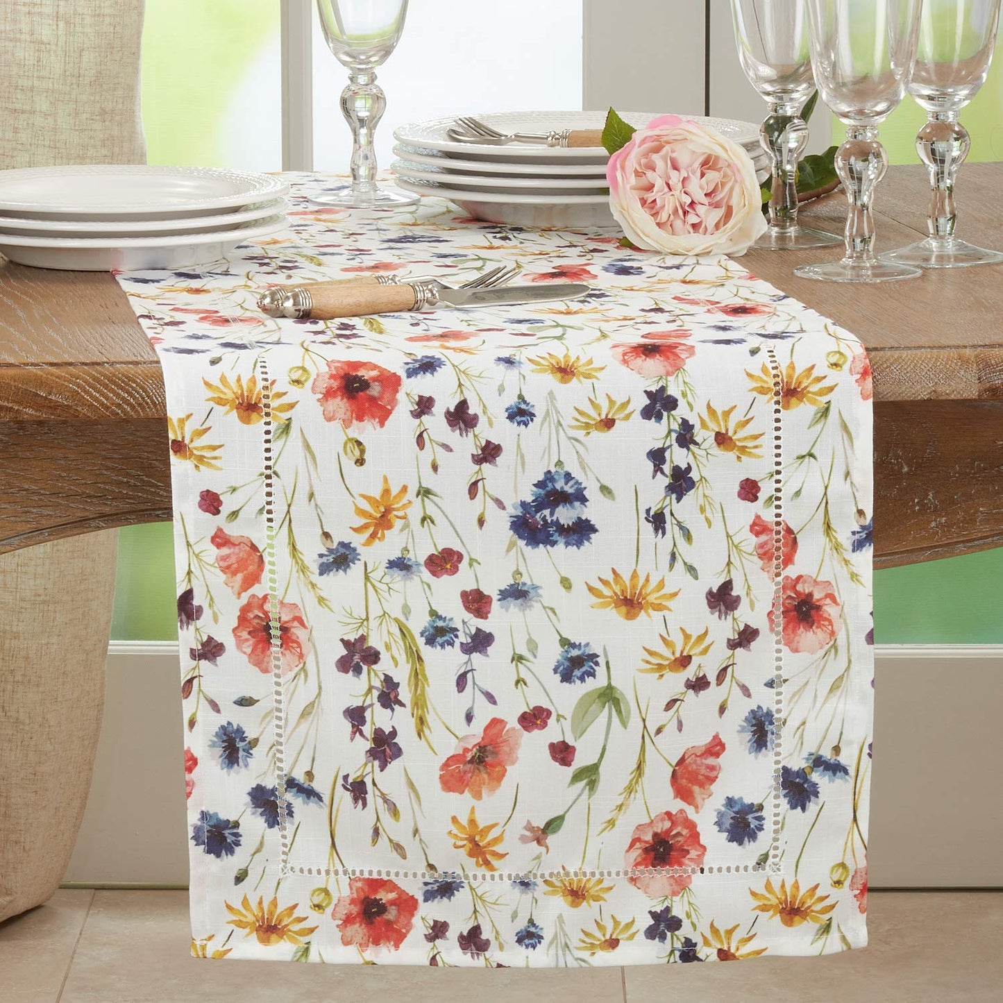 Fennco Styles Garden Floral Hemstitch Table Runner 16" W x 72" L - Multicolored Rectangular Table Cover for Dining Table, Banquet, Family Gathering and Special Occasion