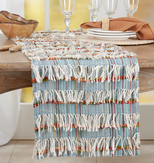 Fennco Styles Boho Shaggy Striped Woven Table Runner 16" W x 72" L - Multicolor Table Cover for Home Décor, Dining Table, Banquets, Holidays and Special Occasions