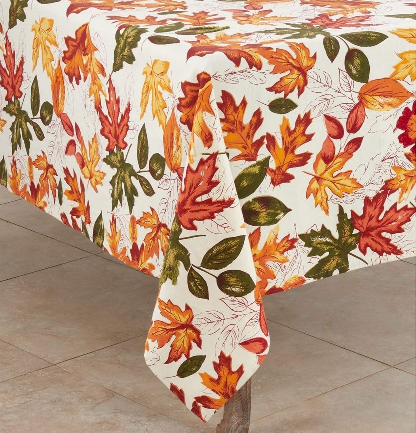 Fennco Styles Warm Embroidered Autumn Leaves Cotton Tablecloth - Multicolored Holiday Table Cover for Thanksgiving, Banquets, Family Gathering and Special Occasion