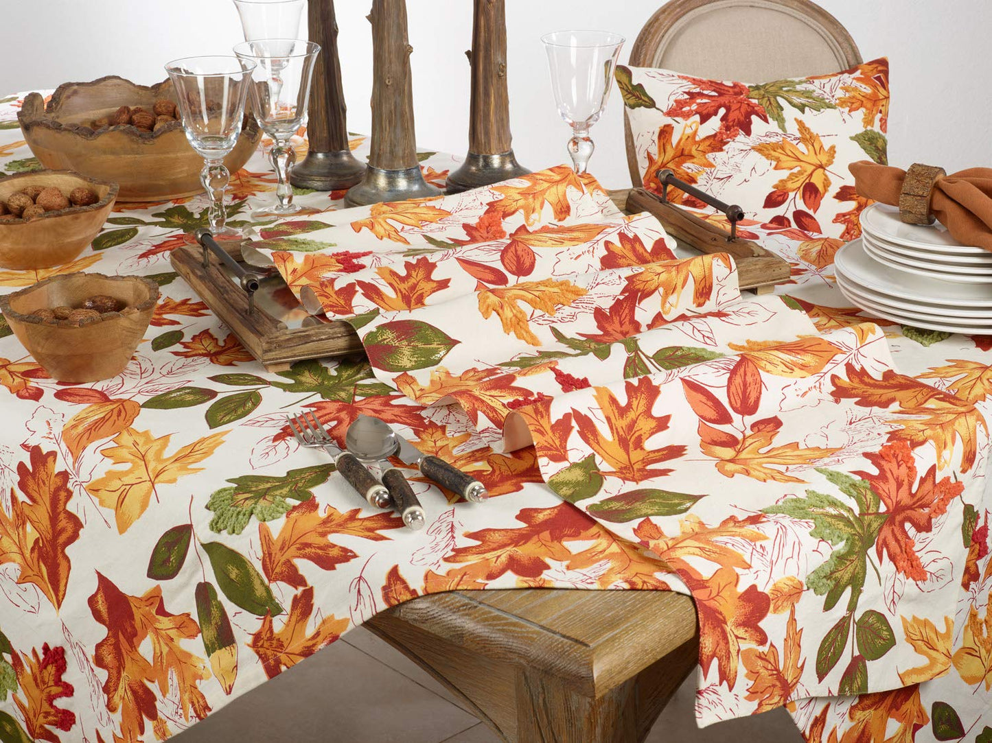 Fennco Styles Warm Embroidered Autumn Leaves Cotton Tablecloth - Multicolored Holiday Table Cover for Thanksgiving, Banquets, Family Gathering and Special Occasion