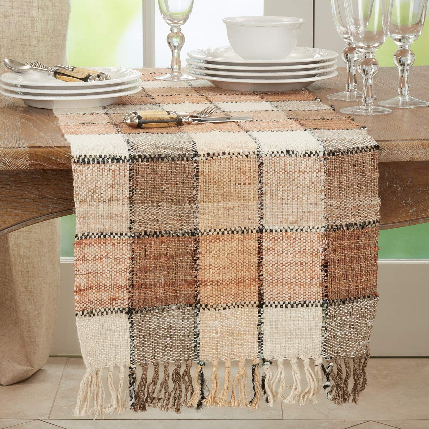 Fennco Styles Country Woven Checkered Fringe Cotton Table Runner 16" W x 72" L – Natural Rustic Table Cover for Dining Table, Banquets, Family Gathering, Farmhouse Events and Home Décor