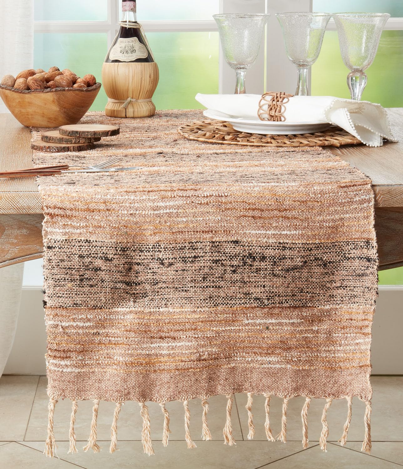 Fennco Styles Woven Striped Fringe Table Runner 16" W x 72" L - Brown Cotton Table Cover for Home Décor, Dining Table, Banquets, Family Gathering and Special Events