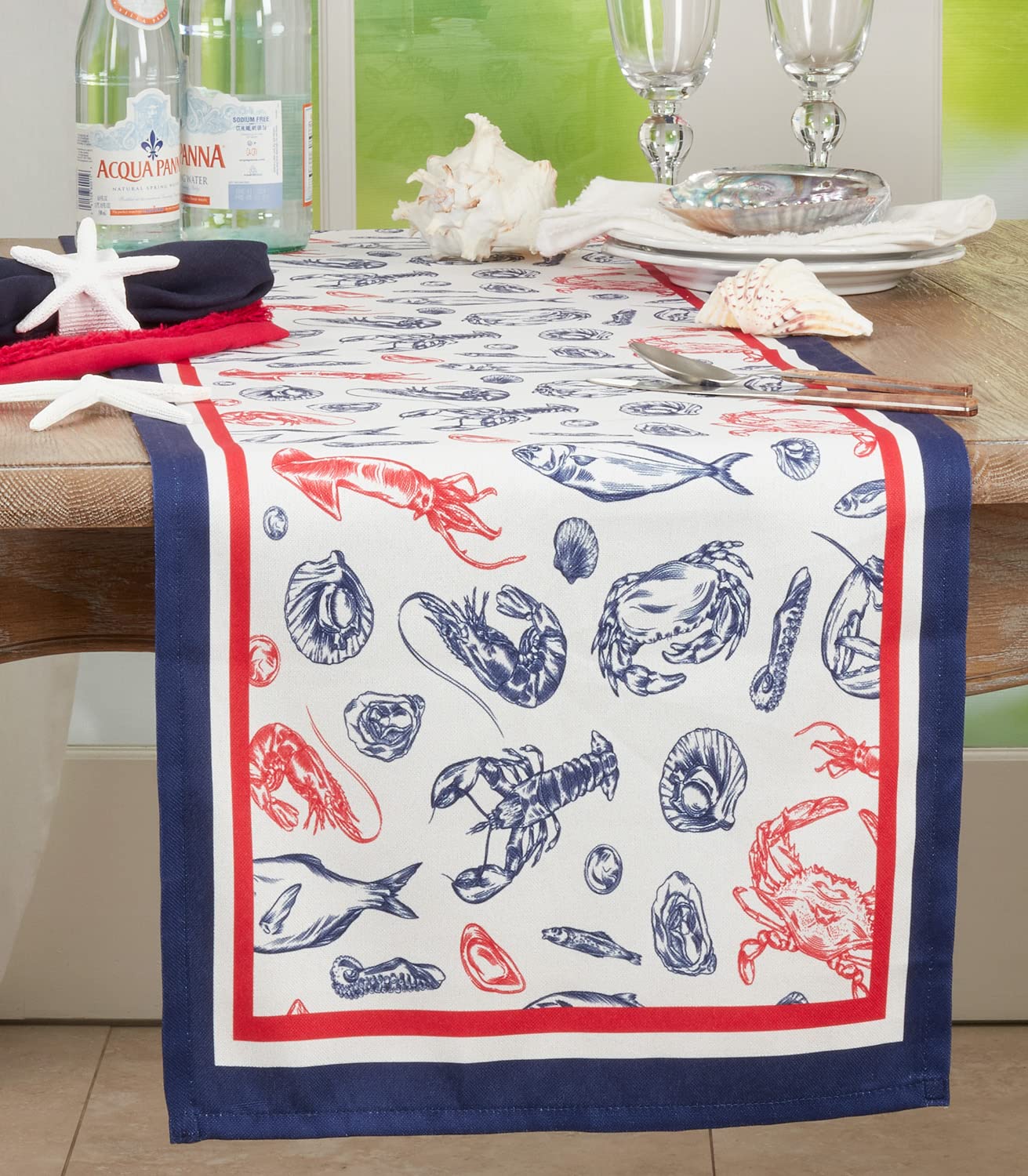 Fennco Styles Coastal Collection Sea Life Table Runner 16" W x 72" L - Navy Blue Ocean Sea Creatures Table Cover for Everyday Use, Family Gathering, Banquets and Special Occasion