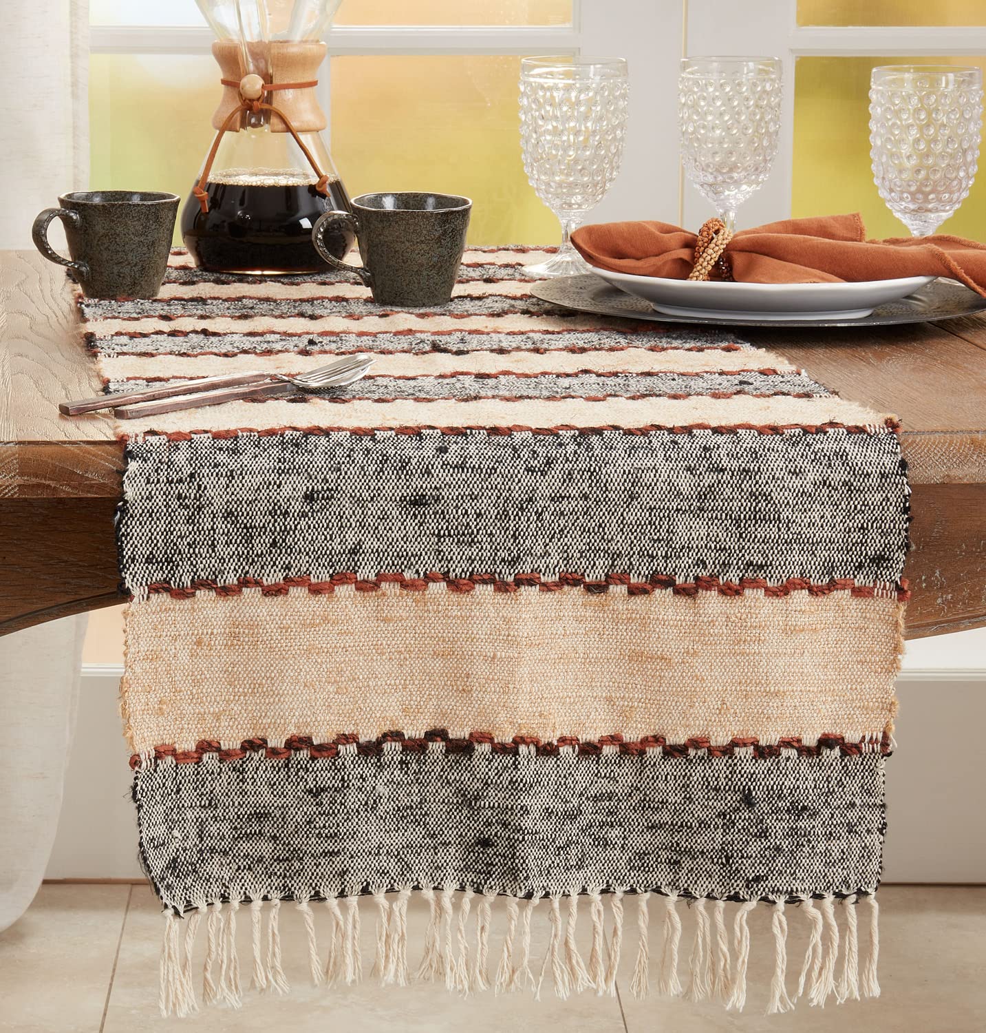 Fennco Styles Woven Striped Fringe Cotton Table Runner 16" W x 72" L – Multicolored Rustic Table Cover for Home Décor, Dining Table, Banquets, Everyday Use and Special Events