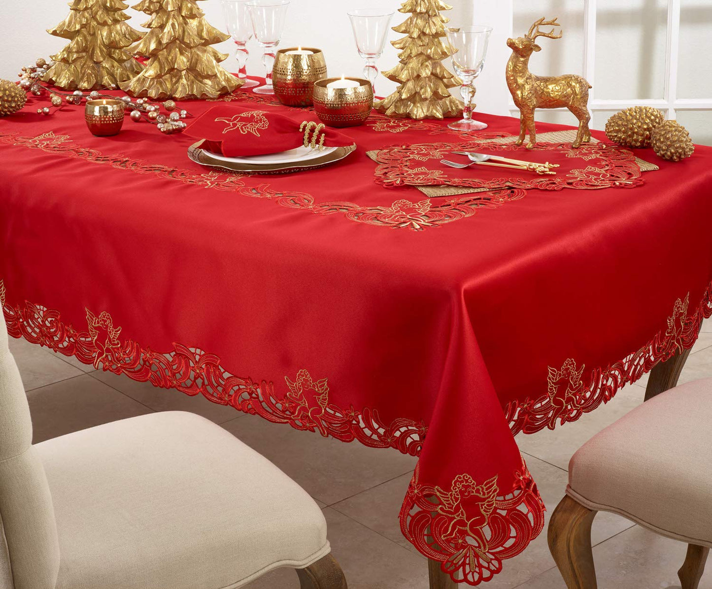 Fennco Styles Cupidon Collection Embroidered Cupid Design Tablecloth - Red Table Cover for Home Décor, Wedding, Banquets, Family Gathering and Special Occasion