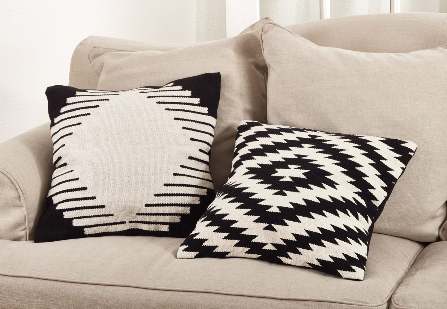 Fennco Styles Modern Kilim Design Cotton Down Filled Throw Pillow - Black & White Cushion for Home, Couch, Bedroom and Office Decor