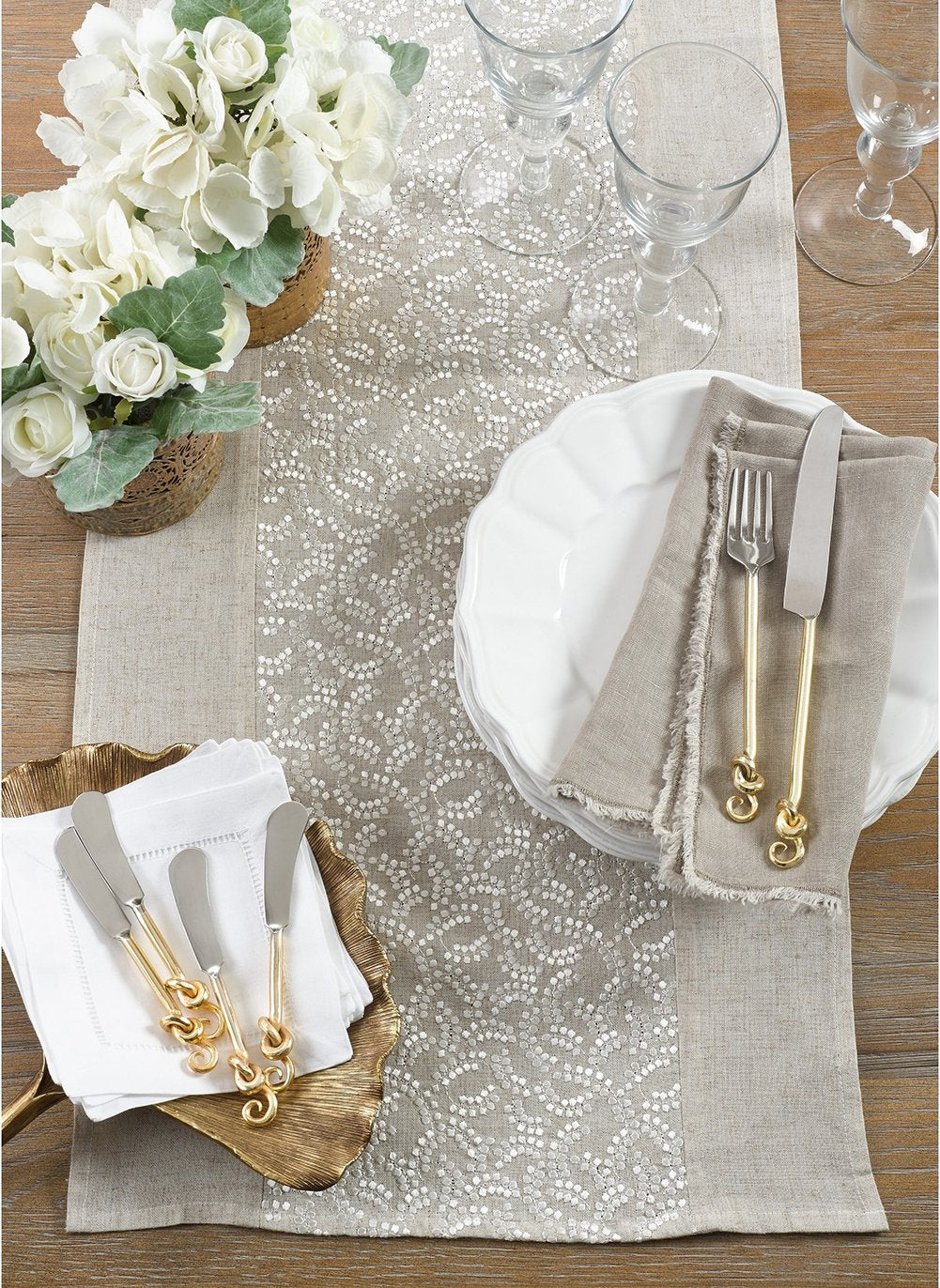 Fennco Styles Pretty Willows Embroidered Table Runner 16" W x 72" L - Natural Table Cover for Home Décor, Banquets, Family Gathering and Special Events