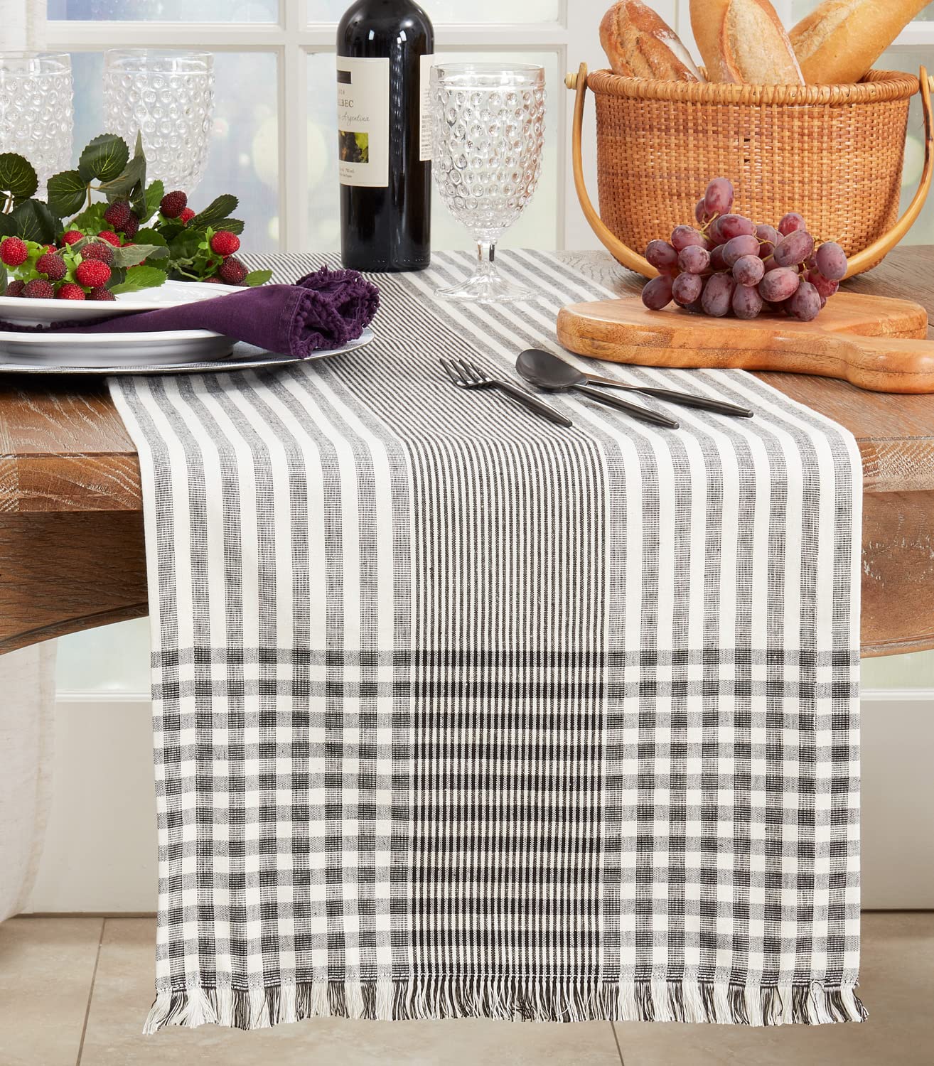 Fennco Styles Stripe Design Cotton Table Runner 16" W x 72" L - Black & White Woven Fringed Table Cover for Home Décor, Dining Table, Banquet, Family Gathering and Special Occasion