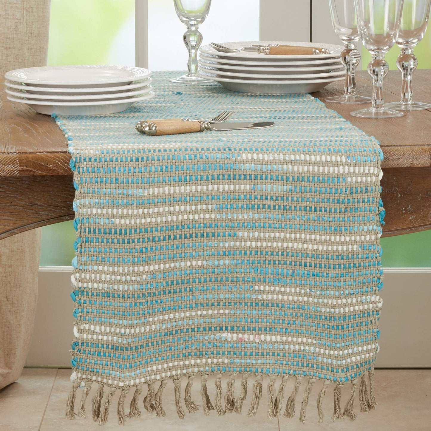 Fennco Styles Woven Stripe Fringe Cotton Table Runner 16" W x 72" L - Blue Rectangular Table Cover for Home Décor, Dining Table, Banquets, Family Gathering and Special Events