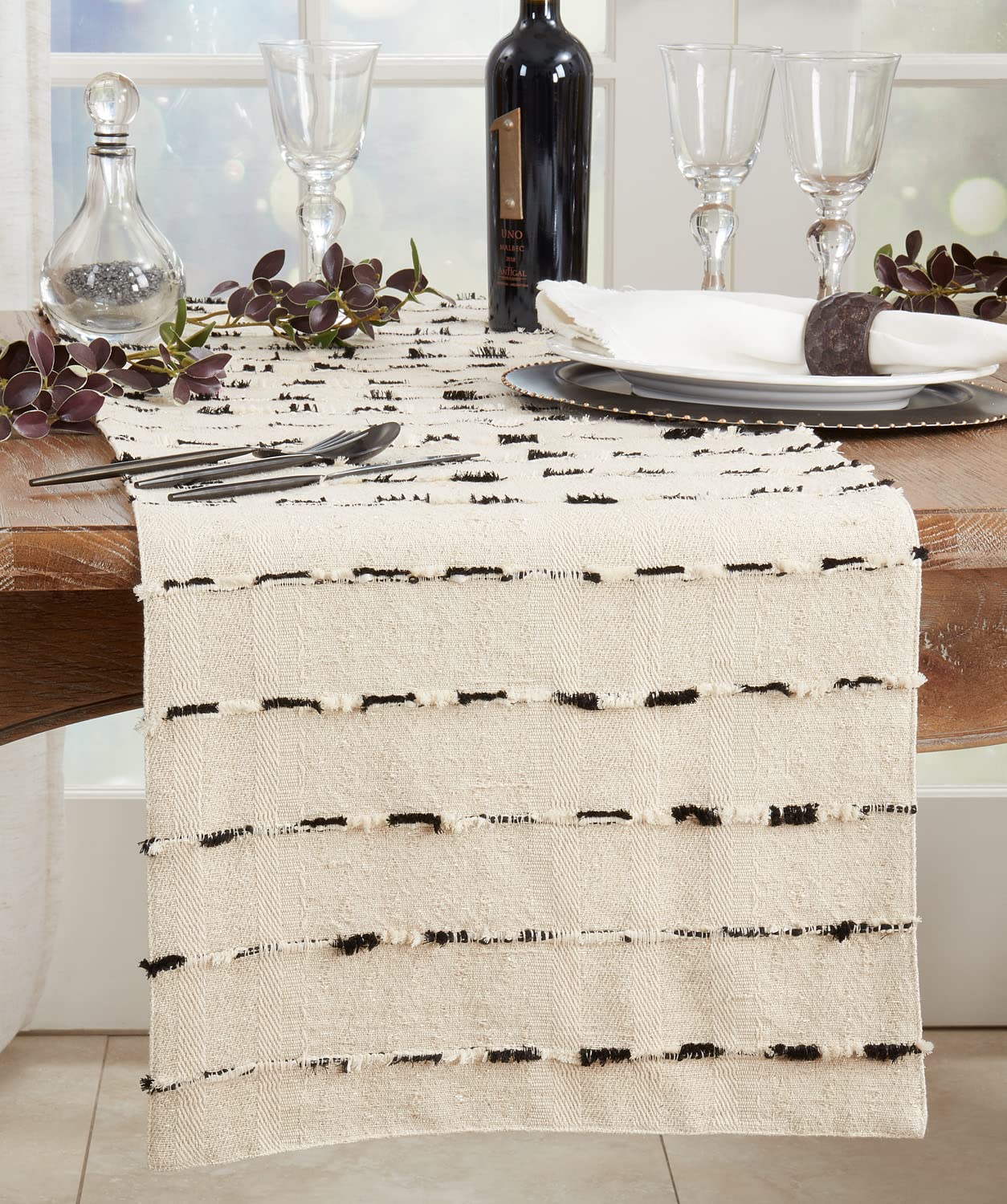 Fennco Styles Textured Woven Striped Cotton Table Runner 16" W x 72" L - Black & White Table Cover for Everyday Use, Dining Room, Banquets, Family Gatherings, Holidays and Home Décor