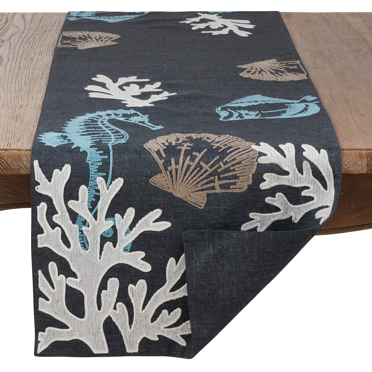 Fennco Styles Coastal Collection Sea Life Embroidered Table Runner 16 x 70 Inch - Navy Blue Table Cover for Everyday Use, Family Gathering, Banquets and Special Occasion