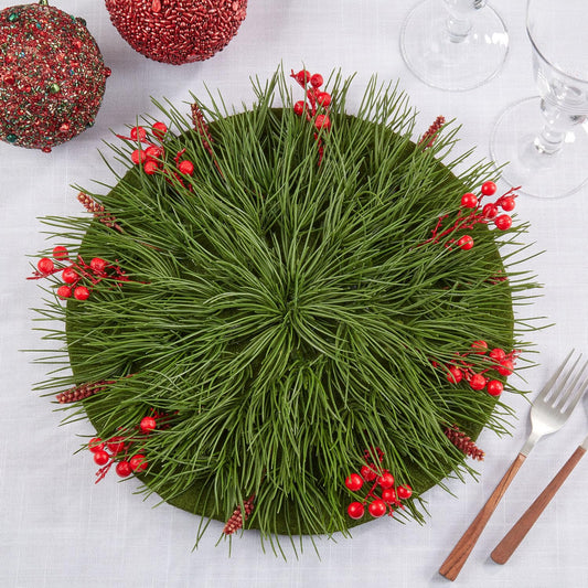 Fennco Styles Red Berry Decorative Placemat 14" Round, 1-Piece - Green Holiday Design Table Mat for Home, Christmas Décor, Dining Table, Banquets, Special Events