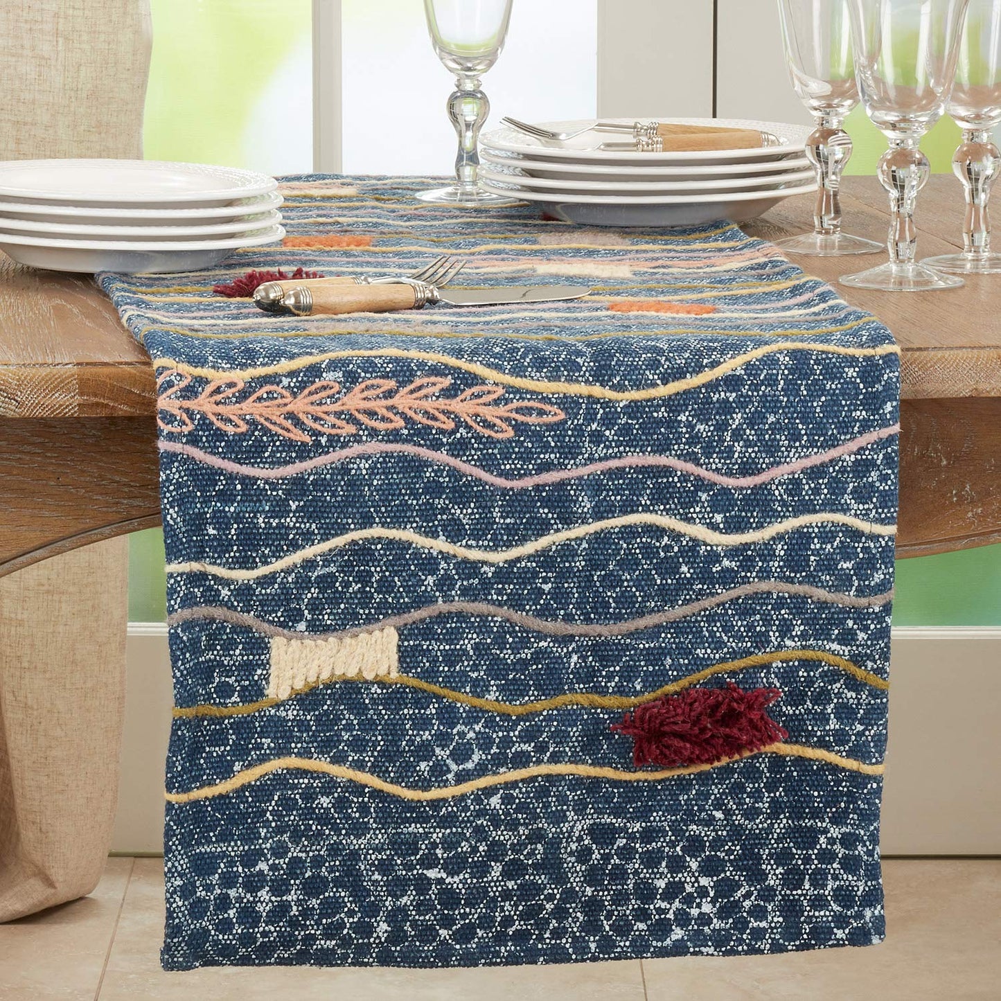 Fennco Styles Abstract Block Print Embroidered Cotton Table Runner 16" W x 72" L - Multicolored Rectangular Table Cover for Home Décor, Dining Table, Banquets, Family Gathering and Special Events