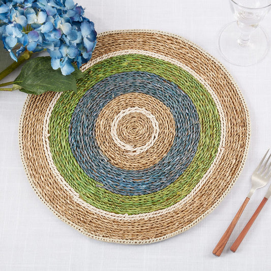 Fennco Styles Handwove Rustic Color Band Placemat 15" Round, 1-Piece - Multicolor Braided Texture Heat Resistant Insulation Table Mat for Boho Home Décor, Dining Table, Banquets, and Holidays