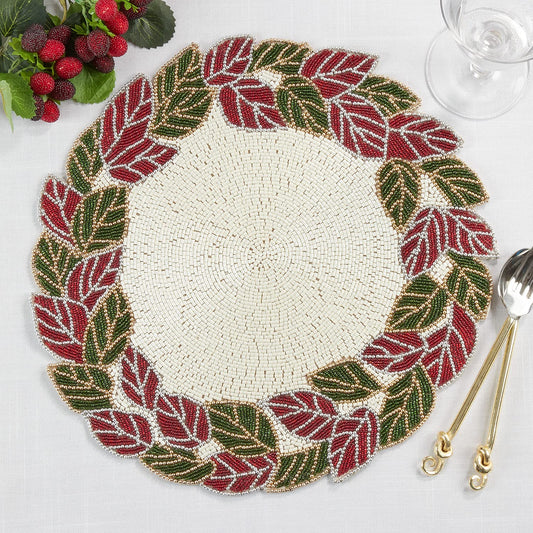 Fennco Styles Hand Beaded Leaves Placemat 15" Round, 1-Piece - Red & Green Holiday Table Mat for Home, Dining Table, Christmas Décor, Banquet and Special Occasion