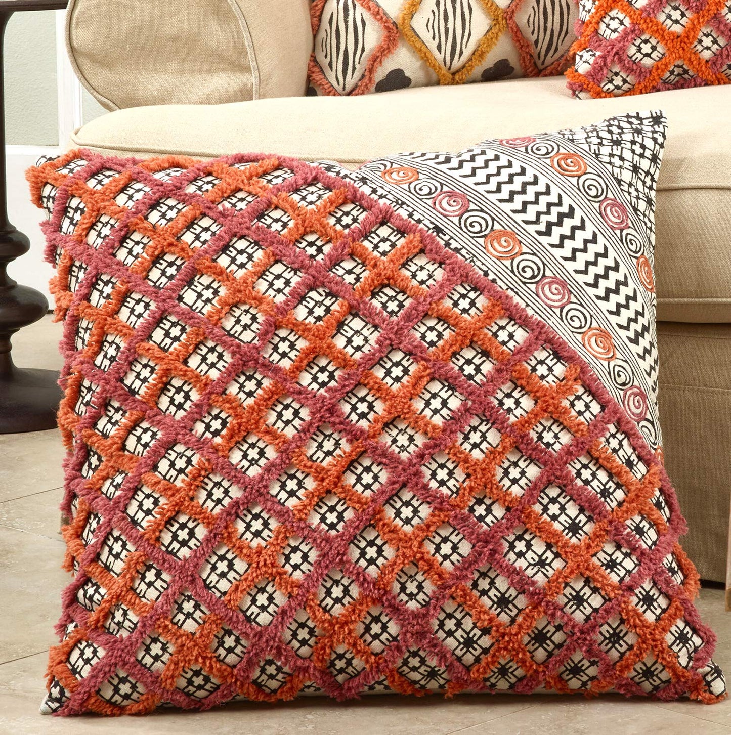 Fennco Styles Bohemian Block Print Tufted Home Décor – Mulicolor Home Decorations for Couch, Bedroom and Living Room Décor