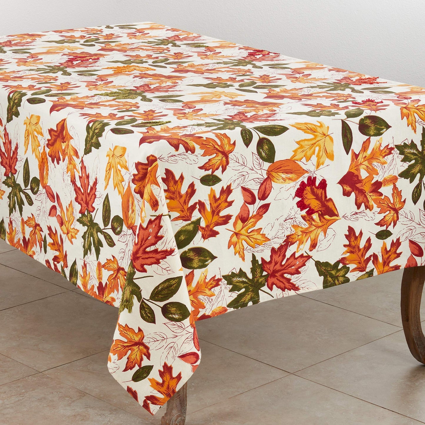 Fennco Styles Warm Embroidered Autumn Leaves Cotton Tablecloth - Multicolored Holiday Table Cover for Thanksgiving, Banquets, Family Gathering and Special Occasion