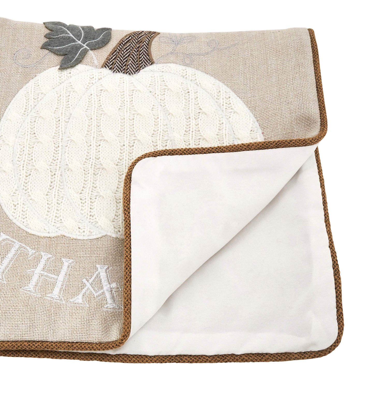 Fennco Styles Fall Season Appliqué Knit Harvest Pumpkin Jute Embroidered 16 x 72 Inch – Natural Table Runner for Thanksgiving Dinner, Family Gathering, Special Events and Home Décor