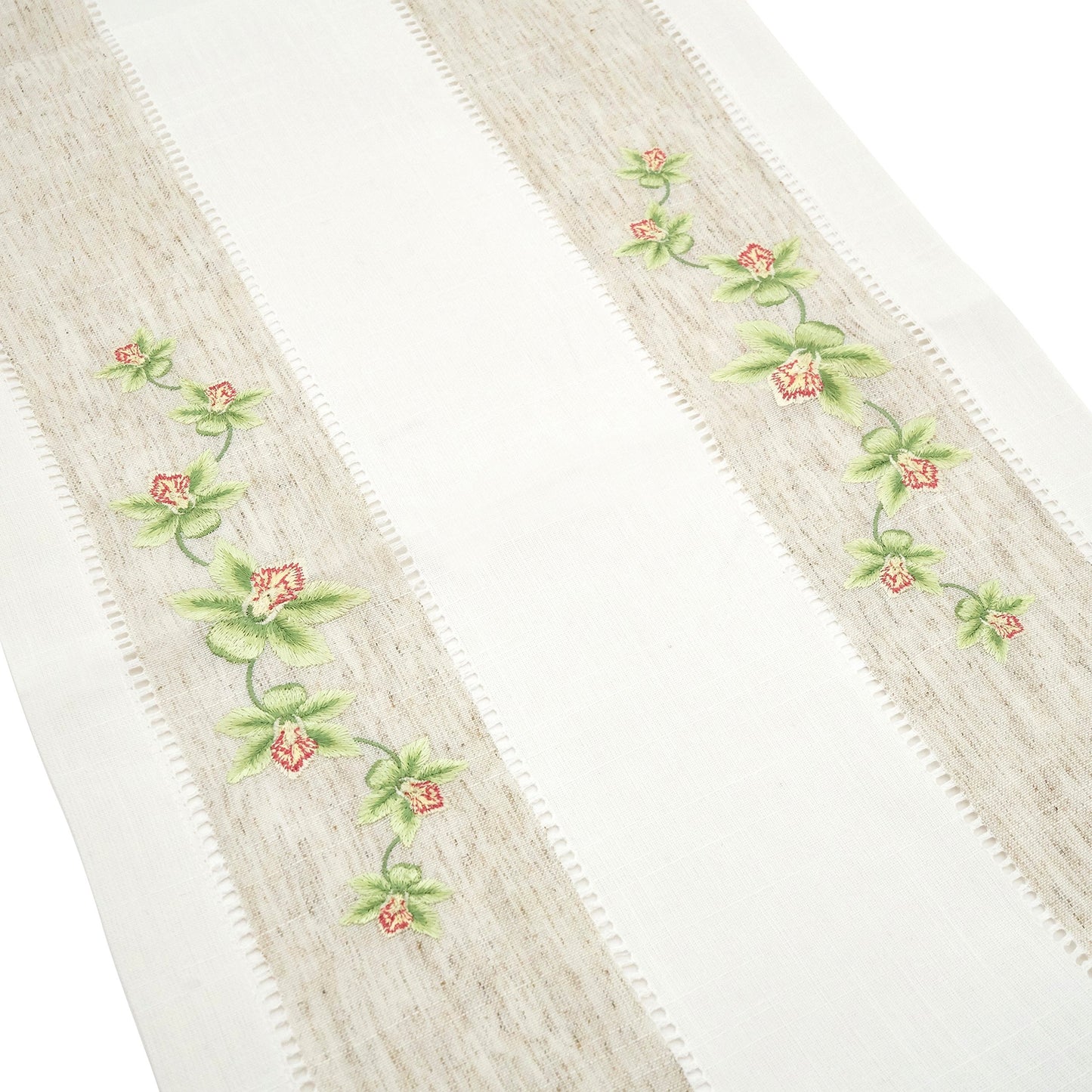 Fennco Styles Hommage Brodé Collection Cottage Lemon Embroidery Border Hemstitch Table Runner 15 x 70 Inch – Ivory Table Cover for Wedding, Banquet, Tea Party and Home Décor
