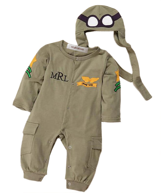 Green Army Air Force Baby Romper & Hat 2pcs Baby Costume