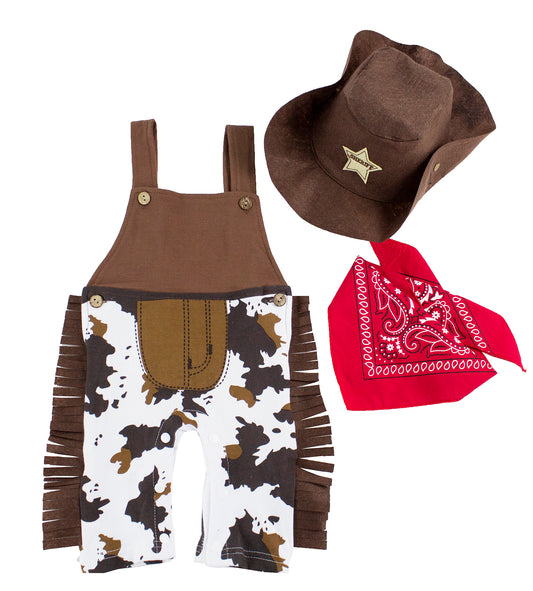 Brown Cowboy Overalls, Hat, Handkerchief 3pcs Baby Costume