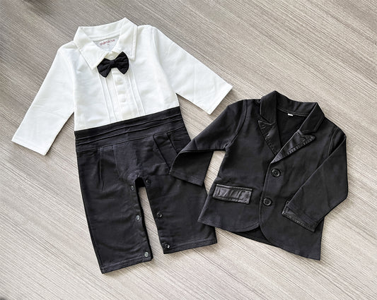 Black & White Tuxedo Romper & Jacket 2pcs Baby formal Wear