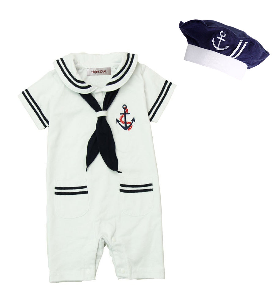 Little Sailor Short Sleeve Baby Romper with Necktie and Hat