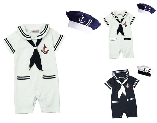 Little Sailor Short Sleeve Baby Romper with Necktie and Hat