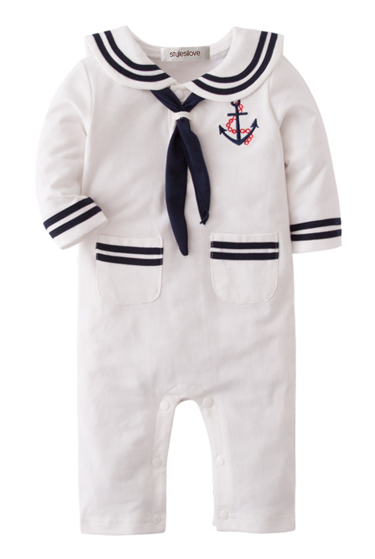 Little Sailor Long Sleeve Baby Romper with Necktie and Hat
